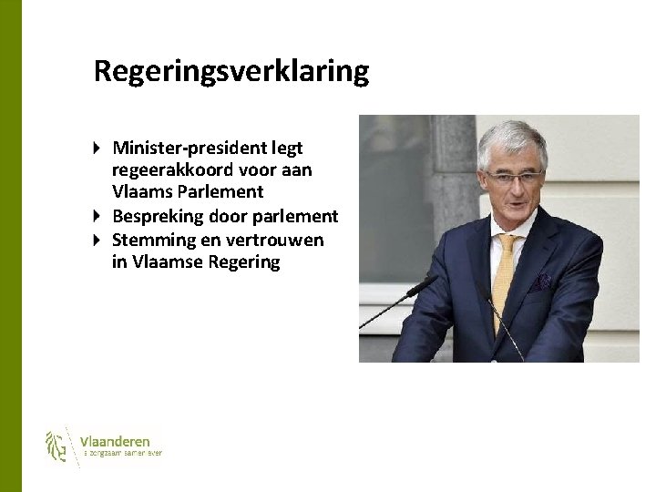 Regeringsverklaring Minister-president legt regeerakkoord voor aan Vlaams Parlement Bespreking door parlement Stemming en vertrouwen