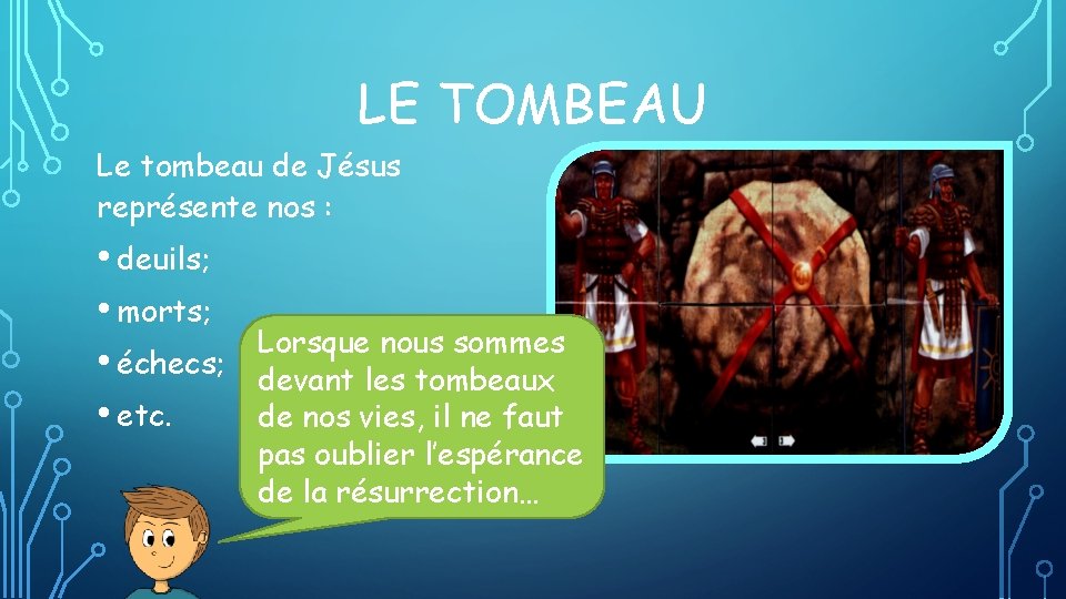 LE TOMBEAU Le tombeau de Jésus représente nos : • deuils; • morts; •