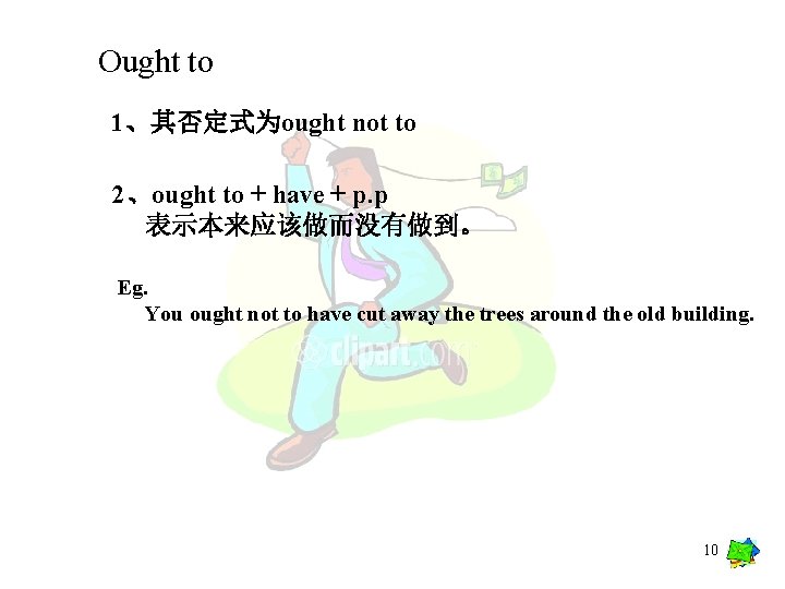 Ought to 1、其否定式为ought not to 2、ought to + have + p. p 表示本来应该做而没有做到。 Eg.