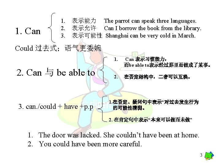 1. Can 1. 2. 3. 表示能力 The parrot can speak three languages. 表示允许 Can