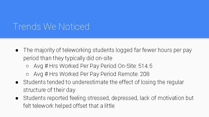 Trends We Noticed ● The majority of teleworking students logged far fewer hours per