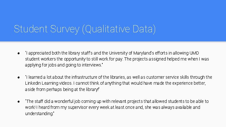 Student Survey (Qualitative Data) ● “I appreciated both the library staff's and the University