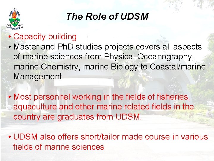 The Role of UDSM • Capacity building • Master and Ph. D studies projects