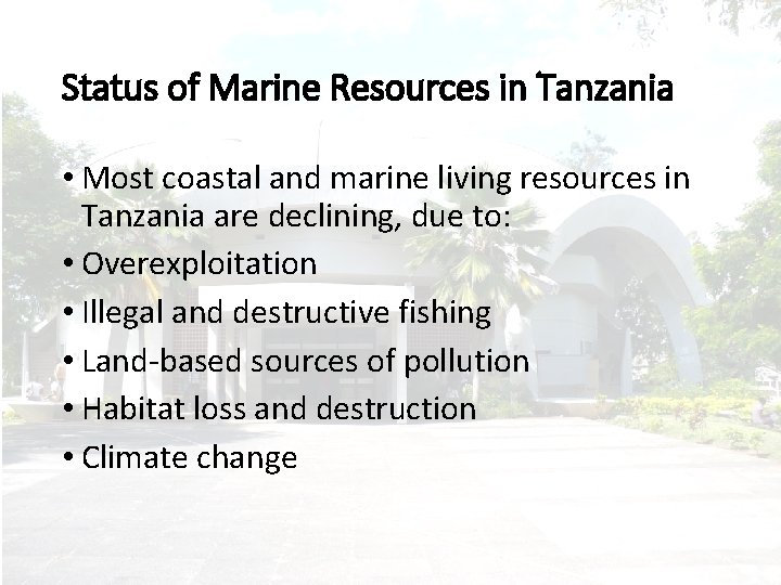 Status of Marine Resources in Tanzania • Most coastal and marine living resources in