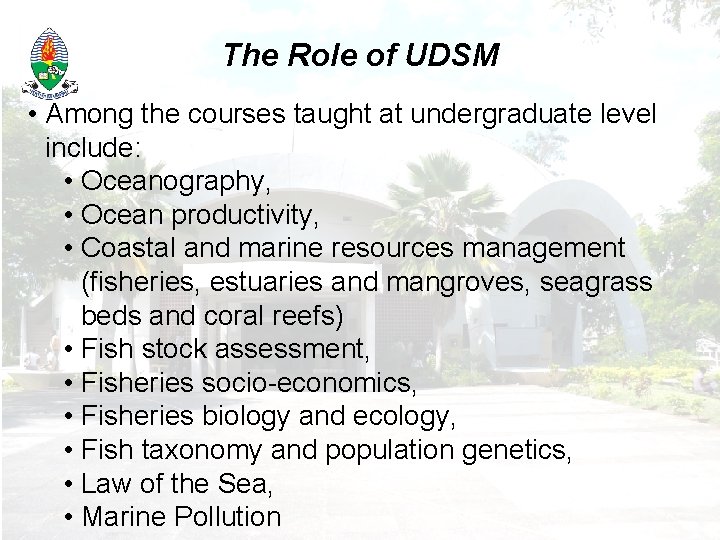 The Role of UDSM • Among the courses taught at undergraduate level include: •