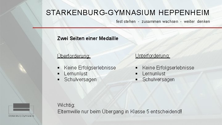 STARKENBURG-GYMNASIUM HEPPENHEIM fest stehen - zusammen wachsen - weiter denken Zwei Seiten einer Medaille