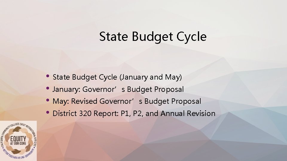 State Budget Cycle • State Budget Cycle (January and May) • January: Governor’s Budget