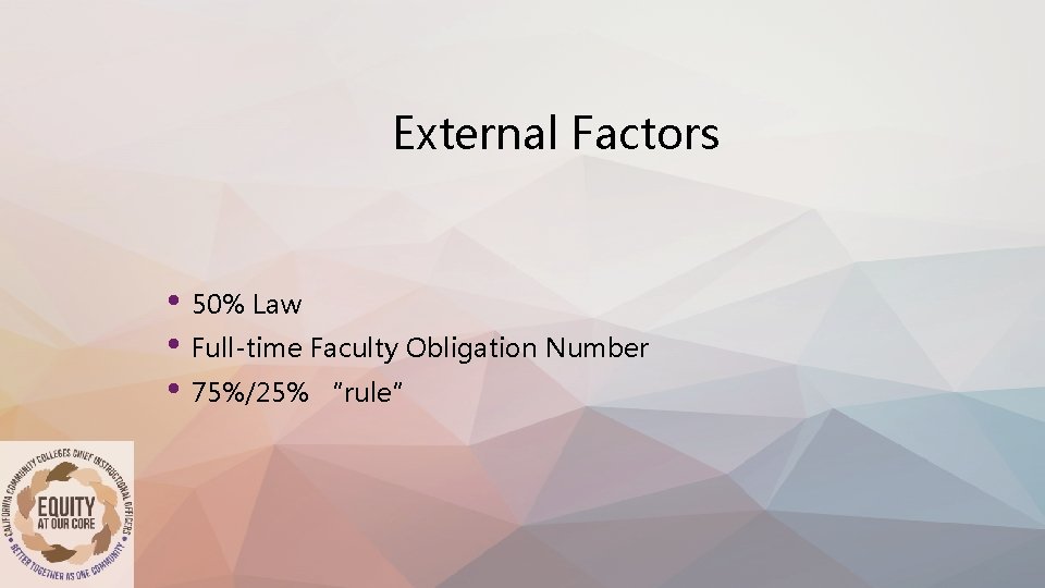 External Factors • 50% Law • Full-time Faculty Obligation Number • 75%/25% “rule” 