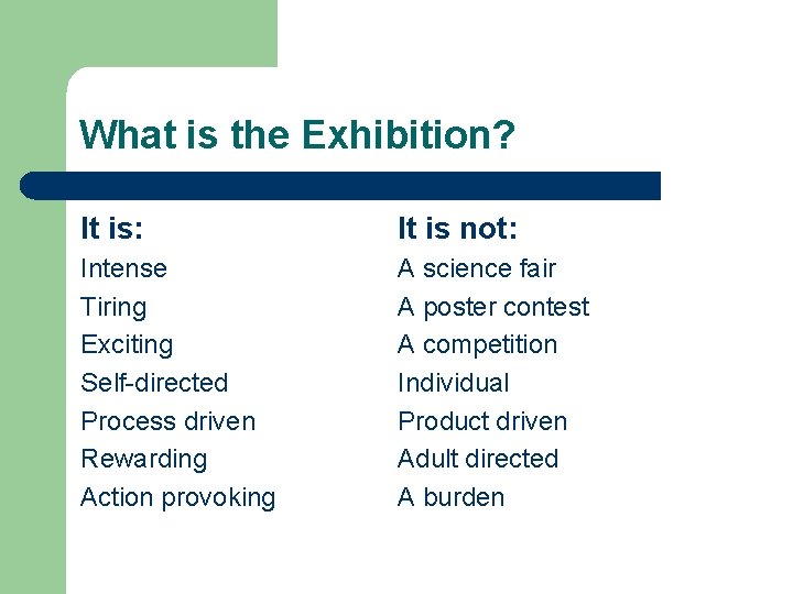 What is the Exhibition? It is: It is not: Intense Tiring Exciting Self-directed Process