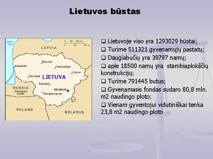 Lietuvos būstas LIETUVA Lietuvoje viso yra 1293029 būstai; Turime 511321 gyvenamųjų pastatų; Daugiabučių yra