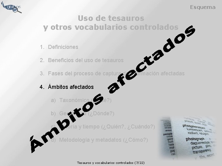 Esquema Uso de tesauros y otros vocabularios controlados 1. Definiciones 2. Beneficios del uso