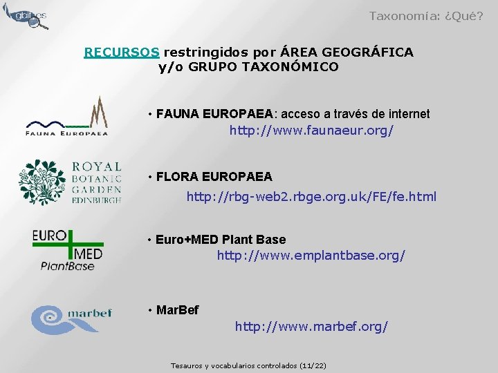 Taxonomía: ¿Qué? RECURSOS restringidos por ÁREA GEOGRÁFICA y/o GRUPO TAXONÓMICO • FAUNA EUROPAEA: acceso