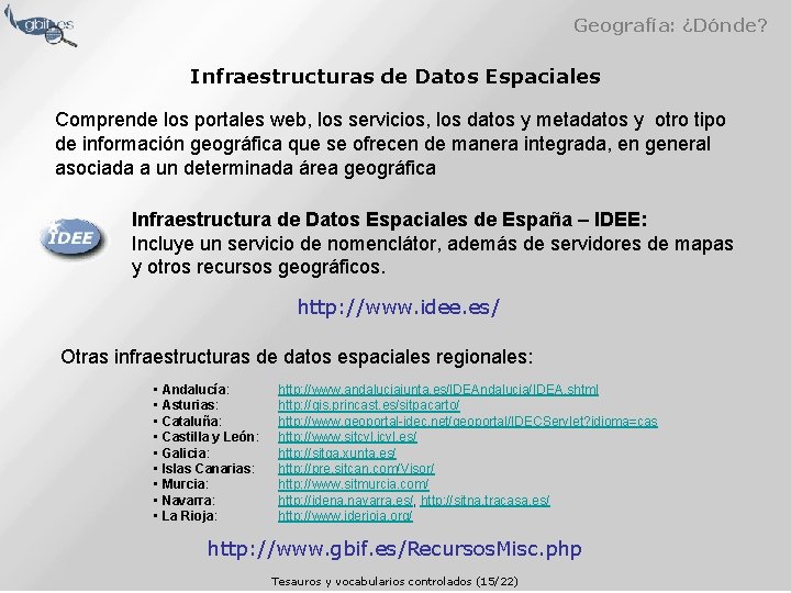 Geografía: ¿Dónde? Infraestructuras de Datos Espaciales Comprende los portales web, los servicios, los datos