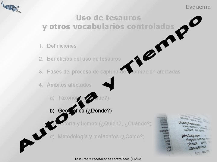 Esquema Uso de tesauros y otros vocabularios controlados 1. Definiciones 2. Beneficios del uso