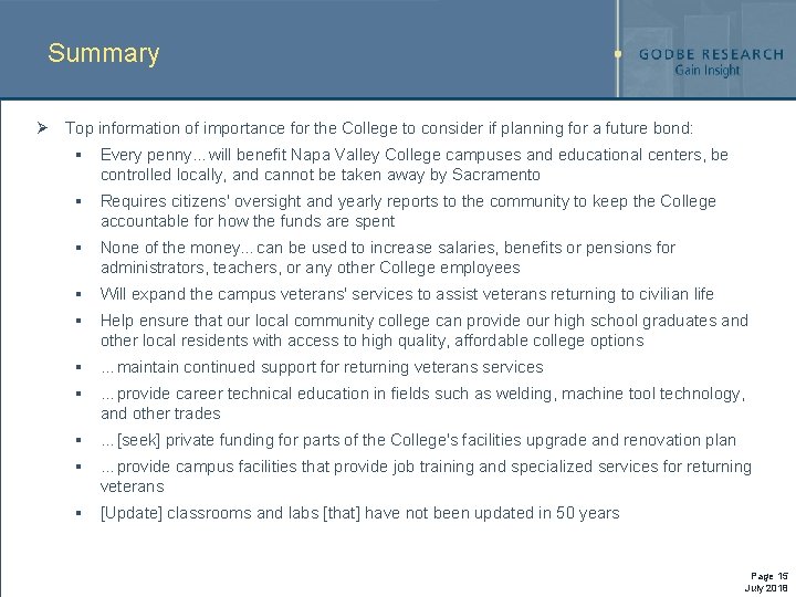 Summary Ø Top information of importance for the College to consider if planning for Summary Ø Top information of importance for the College to consider if planning for