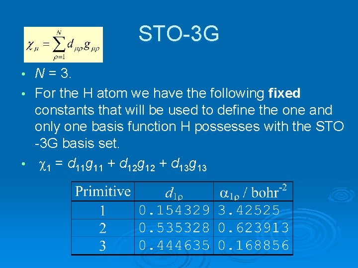 STO-3 G N = 3. • For the H atom we have the following