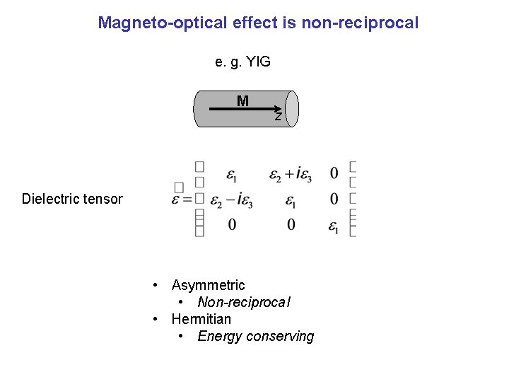 Magneto-optical effect is non-reciprocal e. g. YIG M z Dielectric tensor • Asymmetric •
