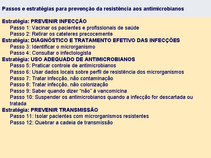 Passos e estratégias para prevenção da resistência aos antimicrobianos Estratégia: PREVENIR INFECÇÃO Passo 1:
