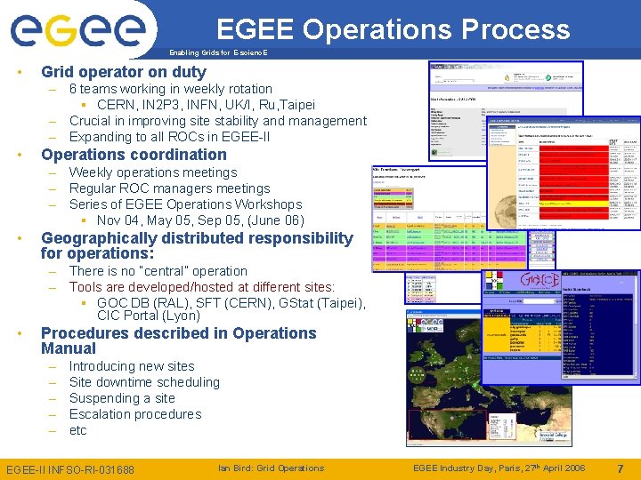EGEE Operations Process Enabling Grids for E-scienc. E • Grid operator on duty –