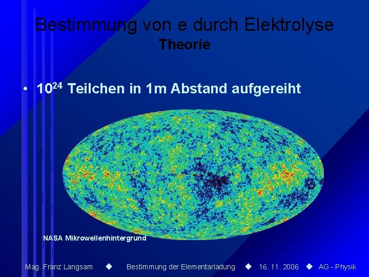 Bestimmung von e durch Elektrolyse Theorie • 1024 Teilchen in 1 m Abstand aufgereiht