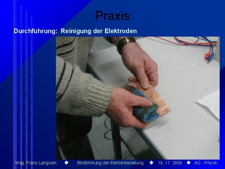 Praxis Durchführung: Reinigung der Elektroden Mag. Franz Langsam Bestimmung der Elementarladung 16. 11. 2006