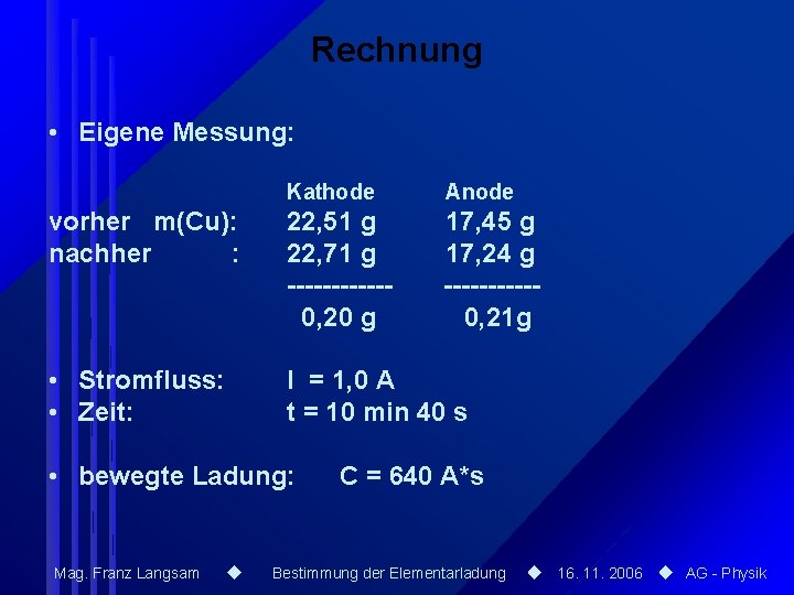 Rechnung • Eigene Messung: Kathode Anode vorher m(Cu): nachher : 22, 51 g 22,