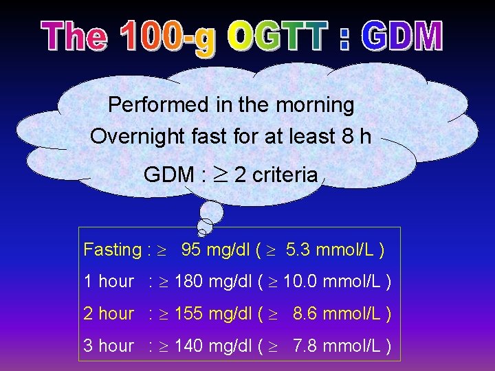 Performed in the morning Overnight fast for at least 8 h GDM : 2