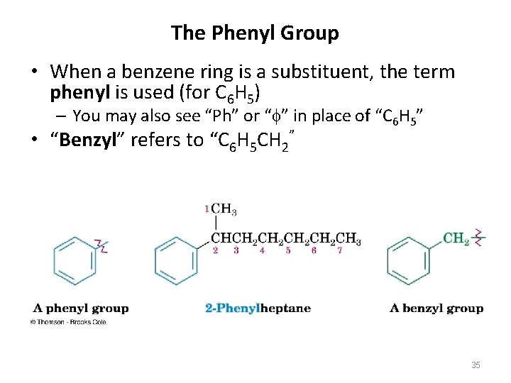 The Phenyl Group • When a benzene ring is a substituent, the term phenyl