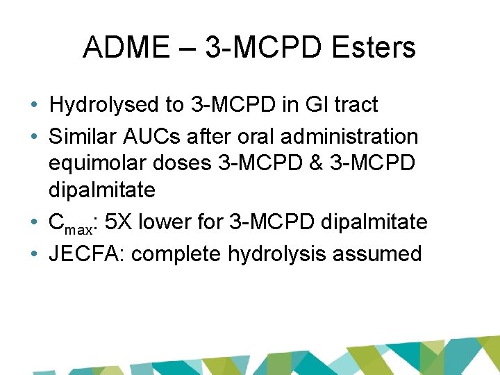 ADME – 3 -MCPD Esters • Hydrolysed to 3 -MCPD in GI tract •
