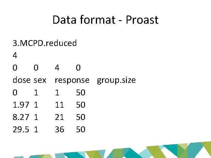 Data format - Proast 3. MCPD. reduced 4 0 0 4 0 dose sex