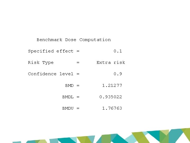 Benchmark Dose Computation Specified effect = Risk Type = 0. 1 Extra risk Confidence
