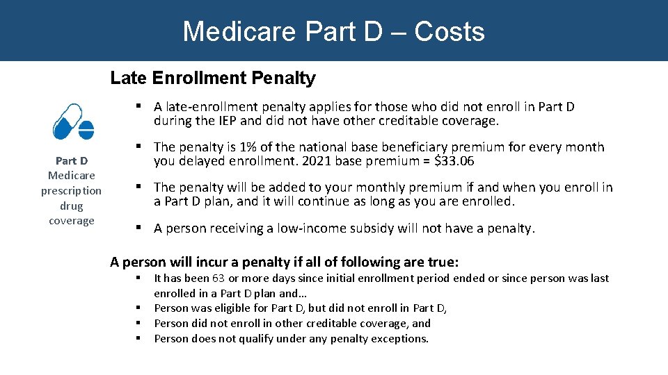 Medicare Part D – Costs Late Enrollment Penalty § A late-enrollment penalty applies for Medicare Part D – Costs Late Enrollment Penalty § A late-enrollment penalty applies for