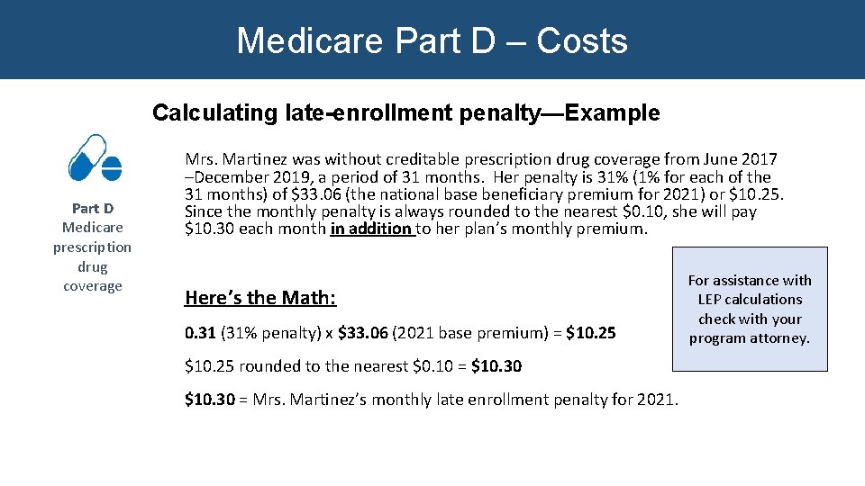 Medicare Part D – Costs Calculating late-enrollment penalty—Example Part D Medicare prescription drug coverage Medicare Part D – Costs Calculating late-enrollment penalty—Example Part D Medicare prescription drug coverage