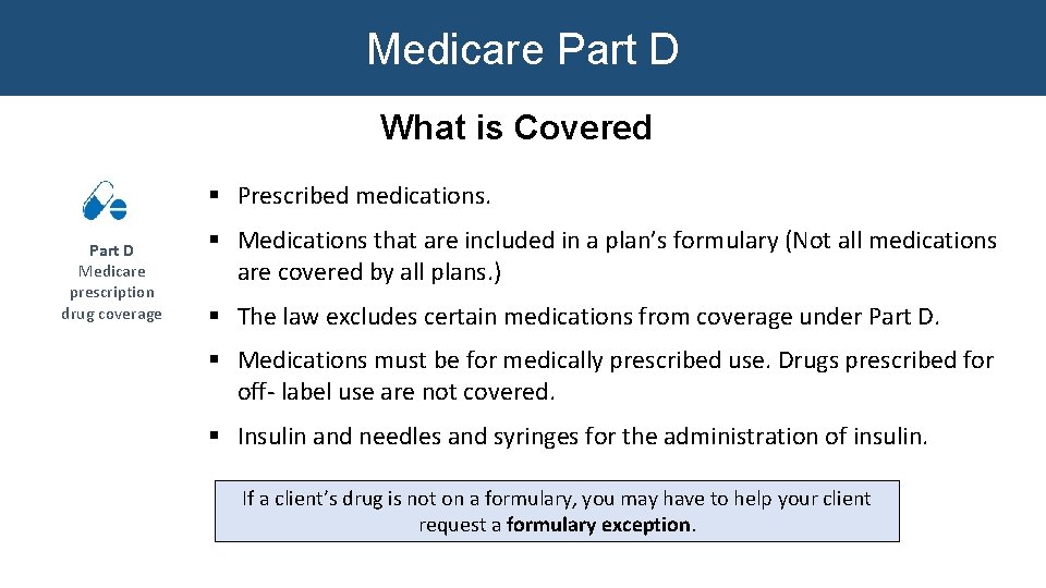 Medicare Part D What is Covered § Prescribed medications. Part D Medicare prescription drug Medicare Part D What is Covered § Prescribed medications. Part D Medicare prescription drug
