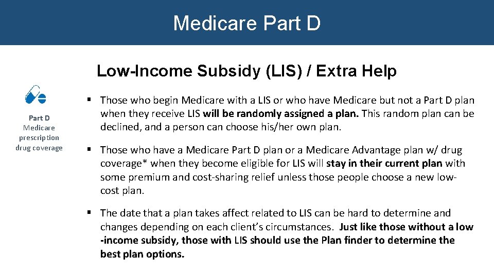 Medicare Part D Low-Income Subsidy (LIS) / Extra Help Part D Medicare prescription drug Medicare Part D Low-Income Subsidy (LIS) / Extra Help Part D Medicare prescription drug