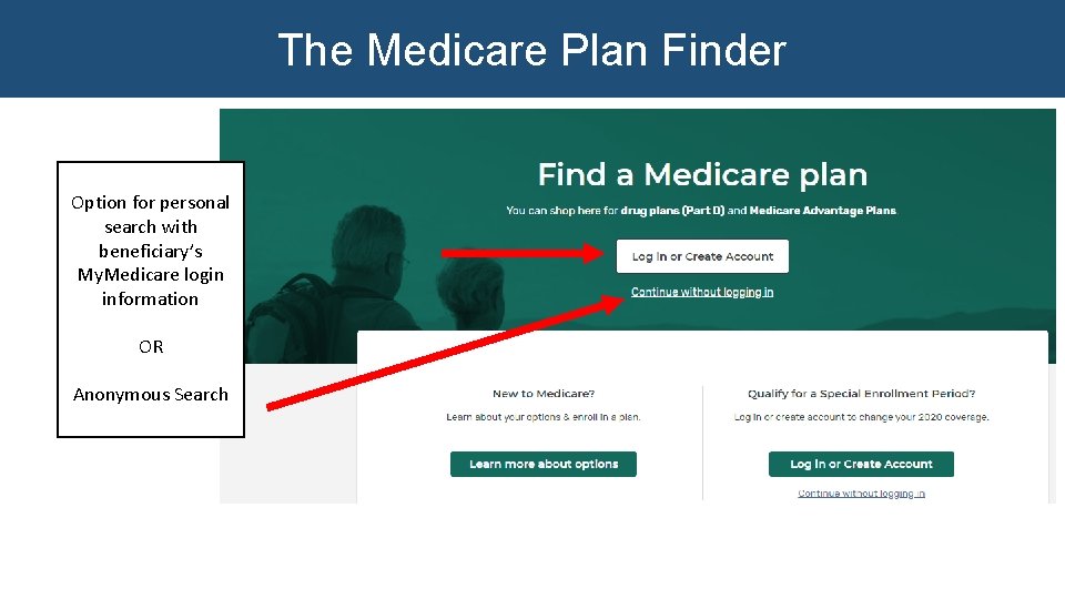 The Medicare Plan Finder Option for personal search with beneficiary’s My. Medicare login information The Medicare Plan Finder Option for personal search with beneficiary’s My. Medicare login information