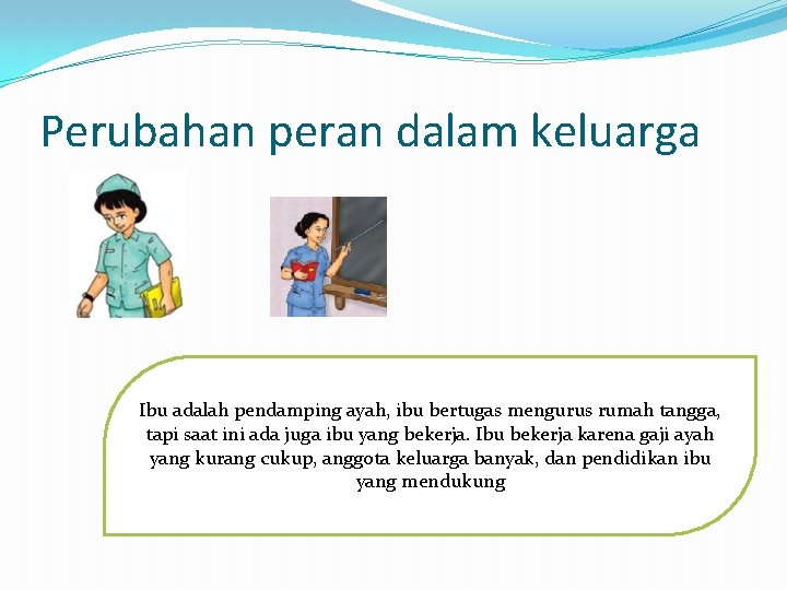 Perubahan peran dalam keluarga Ibu adalah pendamping ayah, ibu bertugas mengurus rumah tangga, tapi