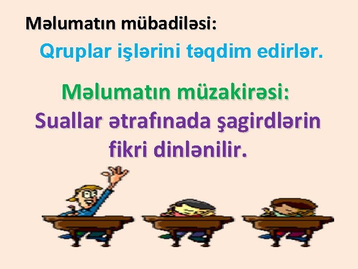 Məlumatın mübadiləsi: Qruplar işlərini təqdim edirlər. Məlumatın müzakirəsi: Suallar ətrafınada şagirdlərin fikri dinlənilir. 