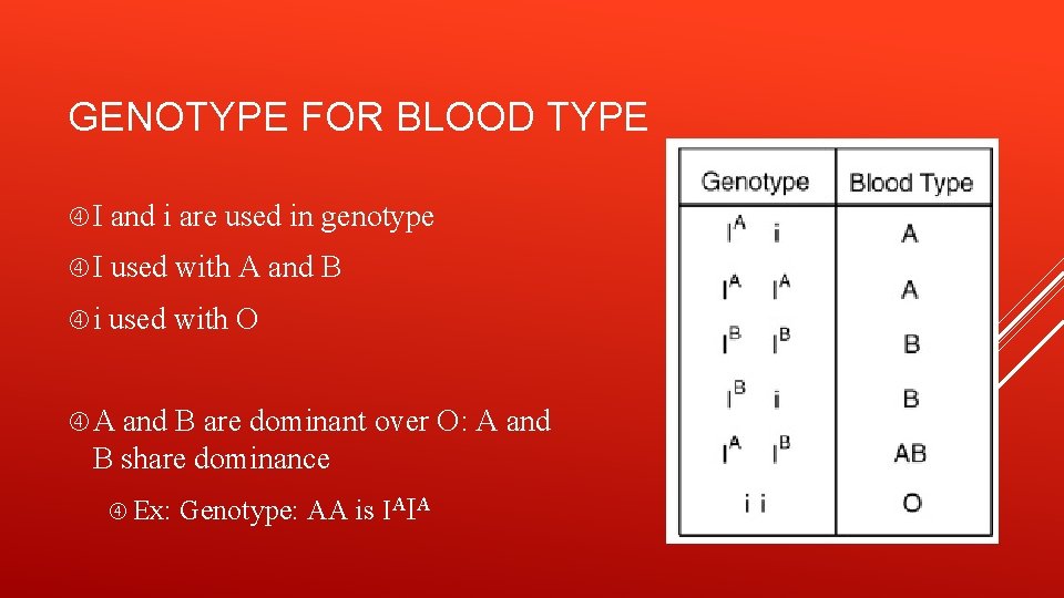 GENOTYPE FOR BLOOD TYPE I and i are used in genotype I used with