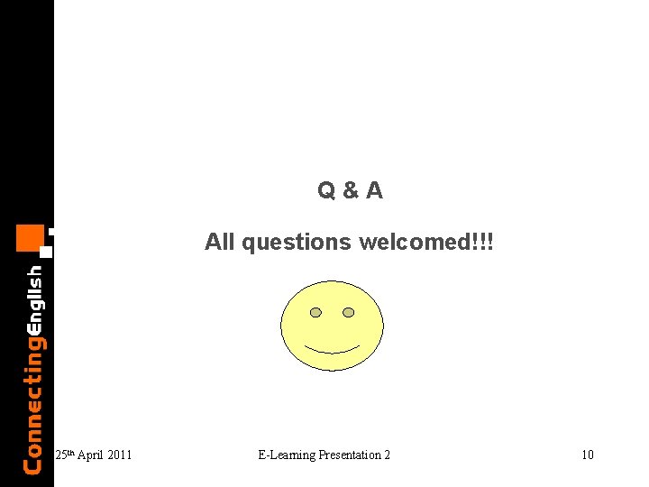 Q&A All questions welcomed!!! 25 th April 2011 E-Learning Presentation 2 10 Q&A All questions welcomed!!! 25 th April 2011 E-Learning Presentation 2 10
