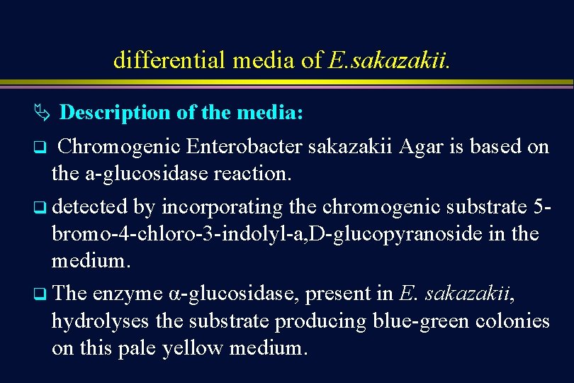 differential media of E. sakazakii. Ä Description of the media: Chromogenic Enterobacter sakazakii Agar