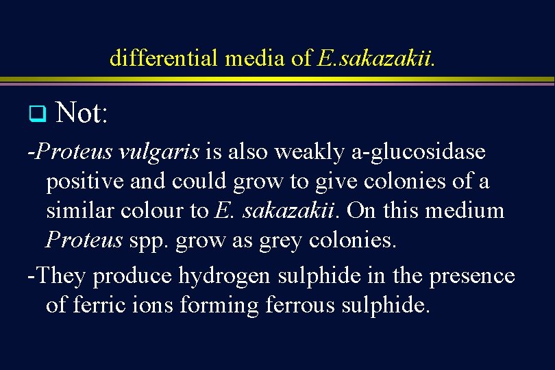 differential media of E. sakazakii. q Not: -Proteus vulgaris is also weakly a-glucosidase positive