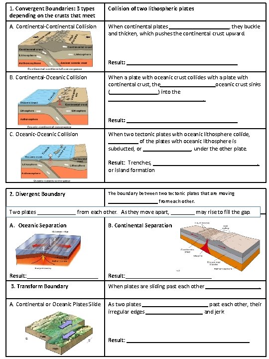 1. Convergent Boundaries: 3 types depending on the crusts that meet Collision of two