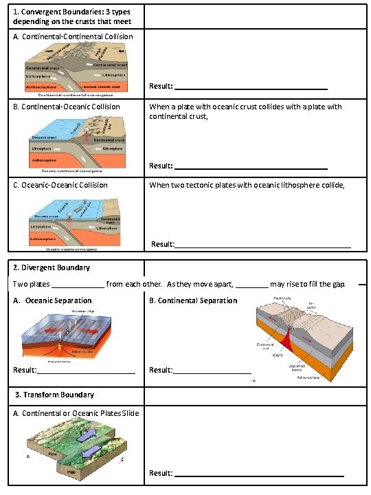 1. Convergent Boundaries: 3 types depending on the crusts that meet A. Continental-Continental Collision