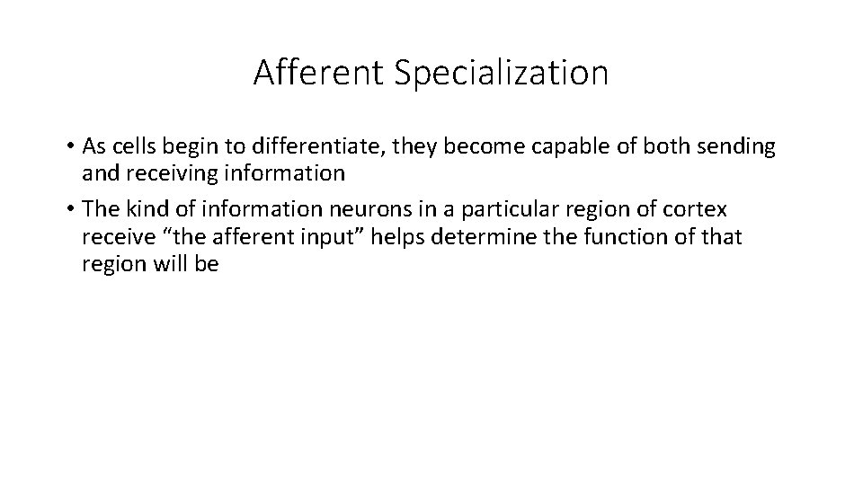 Afferent Specialization • As cells begin to differentiate, they become capable of both sending