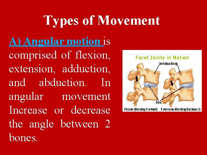 Types of Movement A) Angular motion is comprised of flexion, extension, adduction, and abduction.