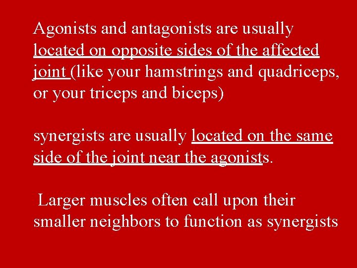 Agonists and antagonists are usually located on opposite sides of the affected joint (like