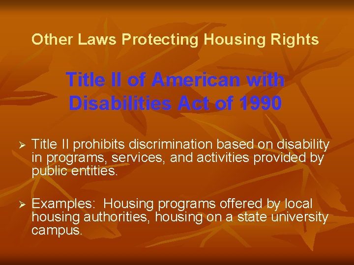 Other Laws Protecting Housing Rights Title II of American with Disabilities Act of 1990