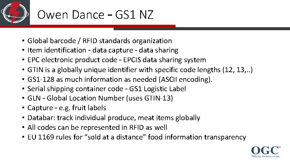 Owen Dance – GS 1 NZ • • • Global barcode / RFID standards