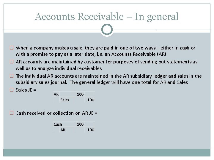 Accounts Receivable – In general � When a company makes a sale, they are